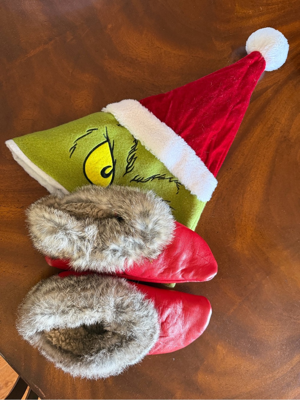 Red Faux Fur-Lined Slippers with Grinch Santa Hat and Scary Face Mask